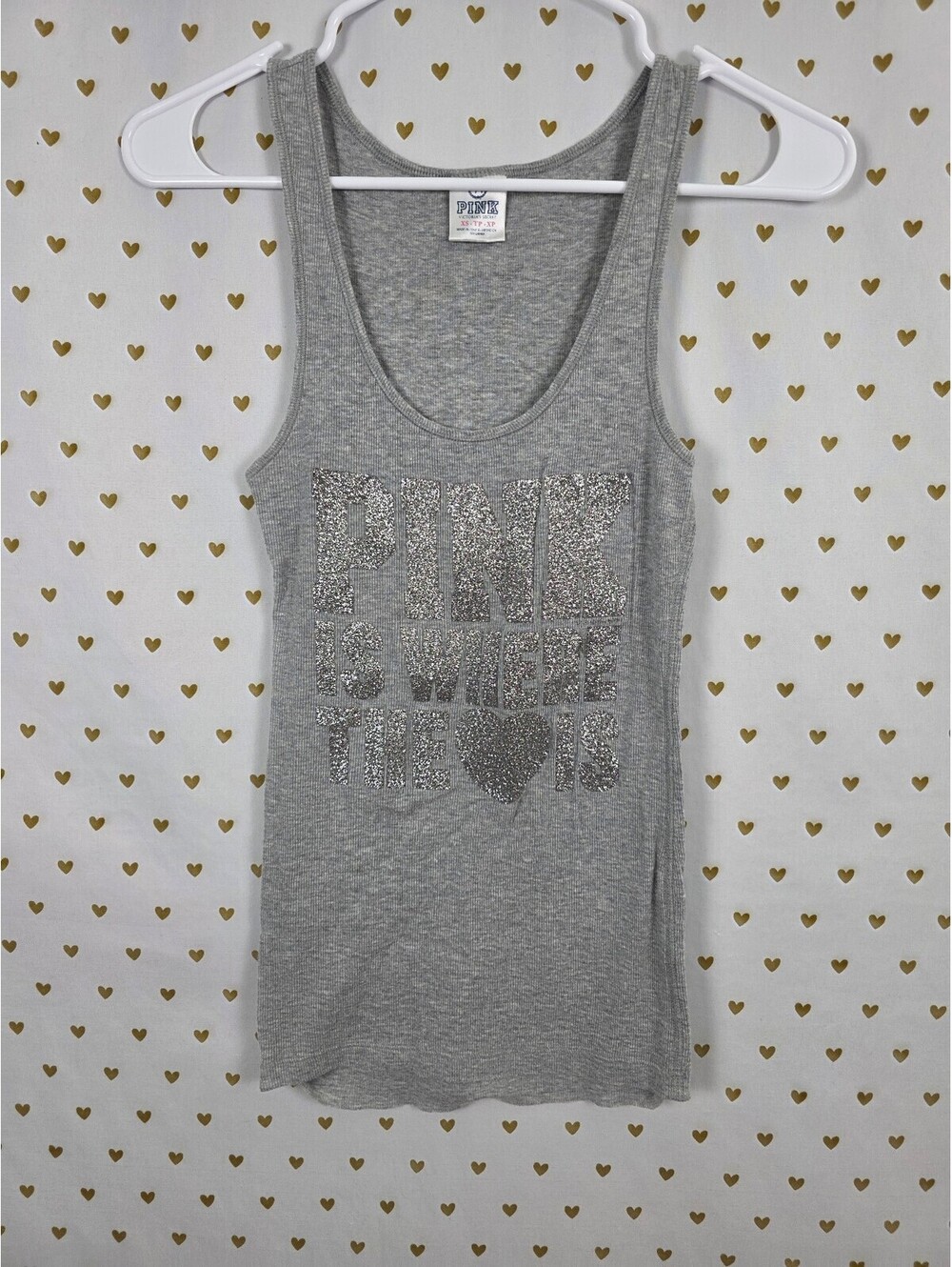 Victorias Secret PINK Vintage Bling Glitter Y2k Tank Top Is where the heart is